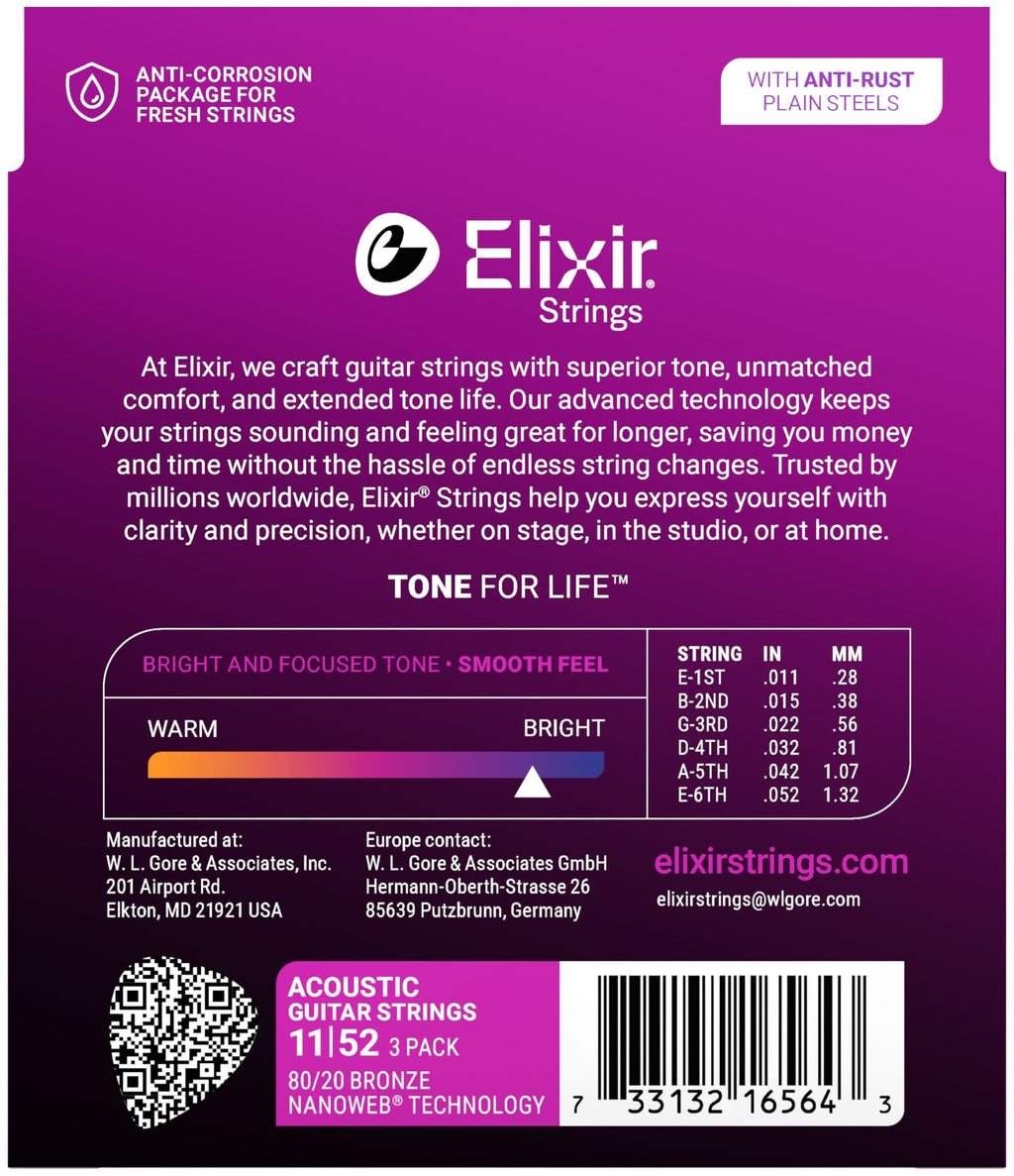 Elixir 16564 Nanoweb Bronze Custom Light (11-52) 3-pack