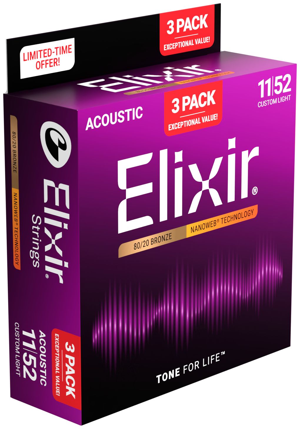 Elixir 16564 Nanoweb Bronze Custom Light (11-52) 3-pack