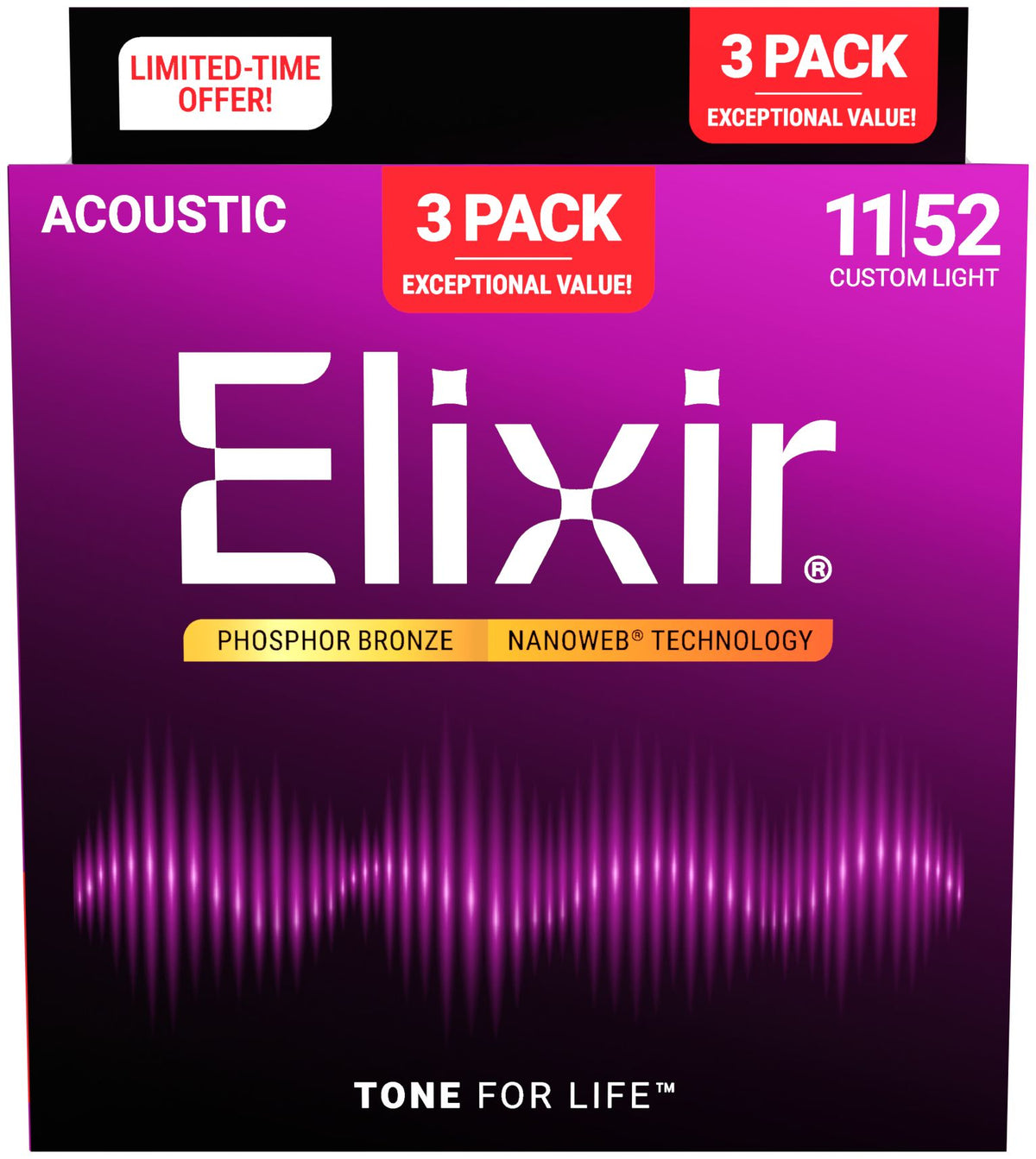 Elixir 16568 Nanoweb Phosphor Bronze Custom Light (11-52) 3-pack