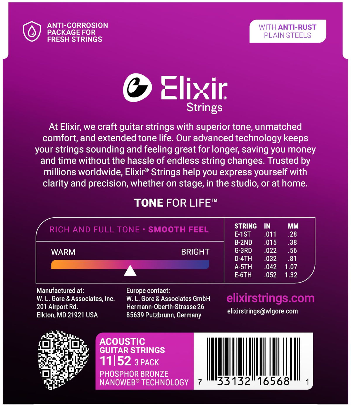 Elixir 16568 Nanoweb Phosphor Bronze Custom Light (11-52) 3-pack