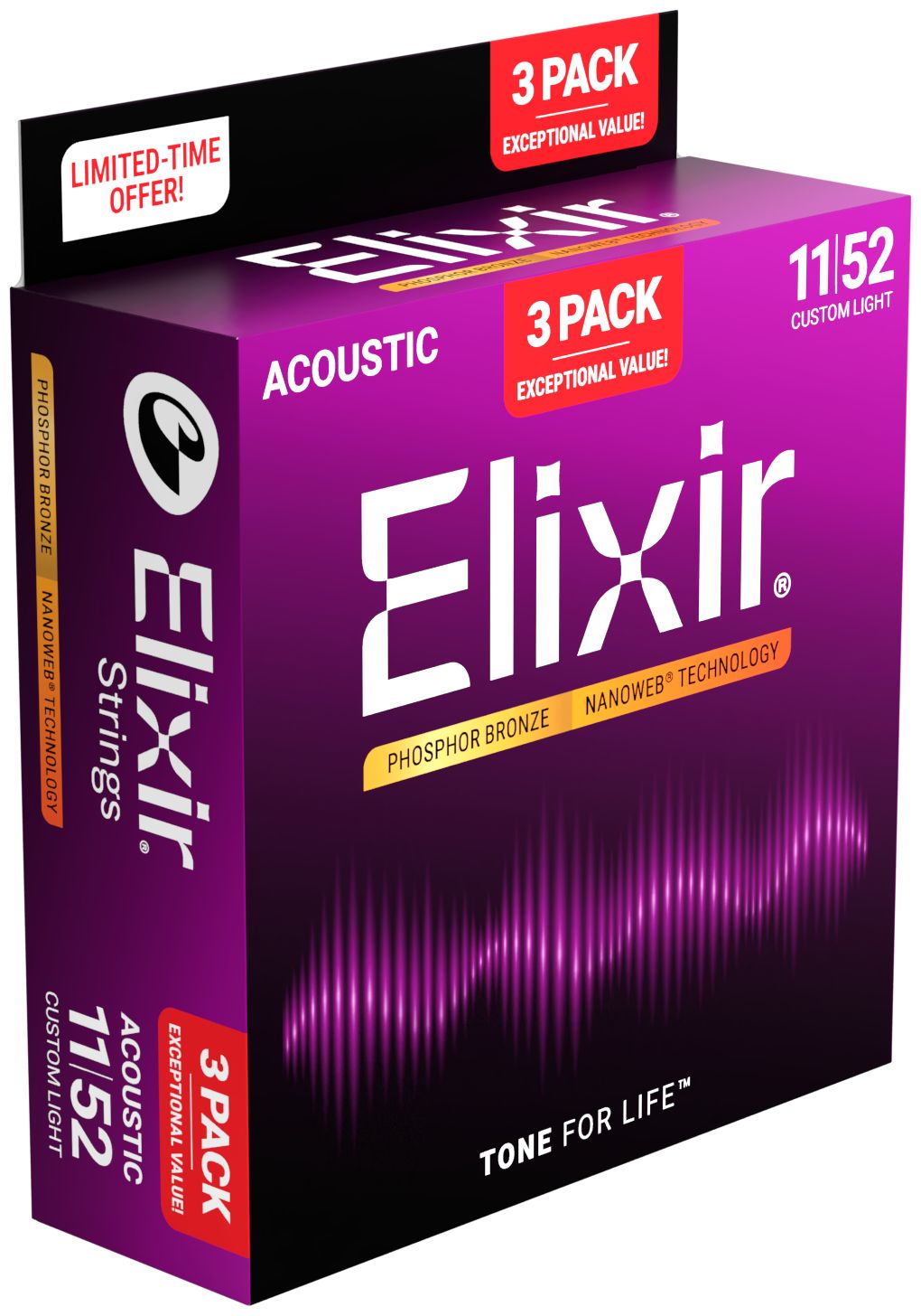 Elixir 16568 Nanoweb Phosphor Bronze Custom Light (11-52) 3-pack