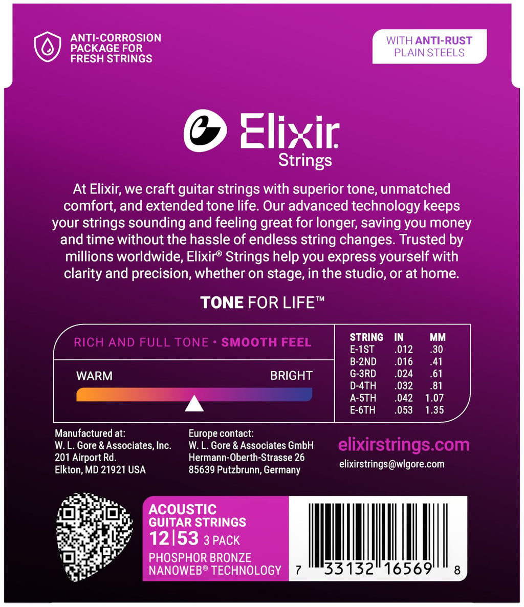 Elixir 16569 Nanoweb Phosphor Bronze Light (12-53) 3-pack