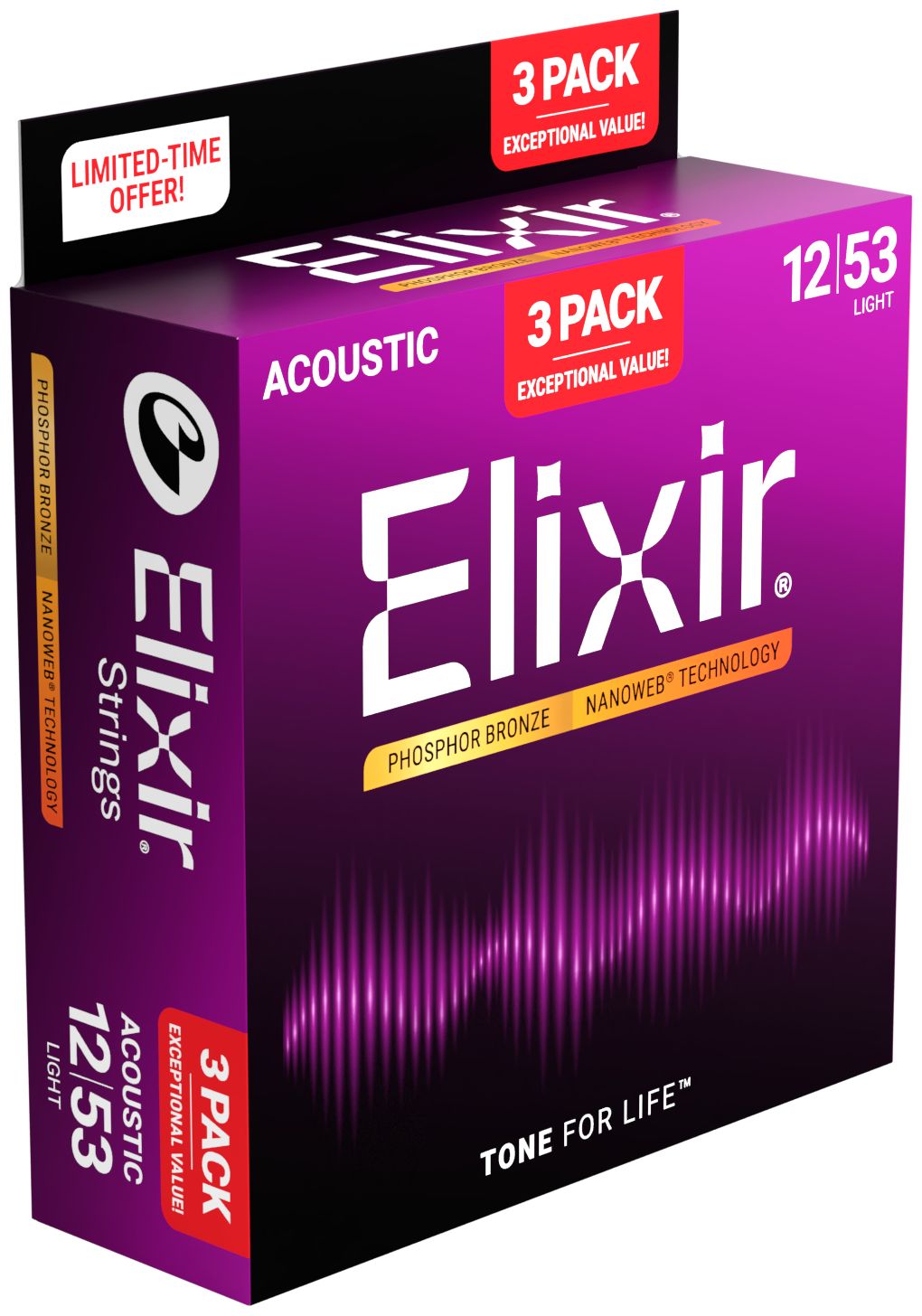 Elixir 16569 Nanoweb Phosphor Bronze Light (12-53) 3-pack