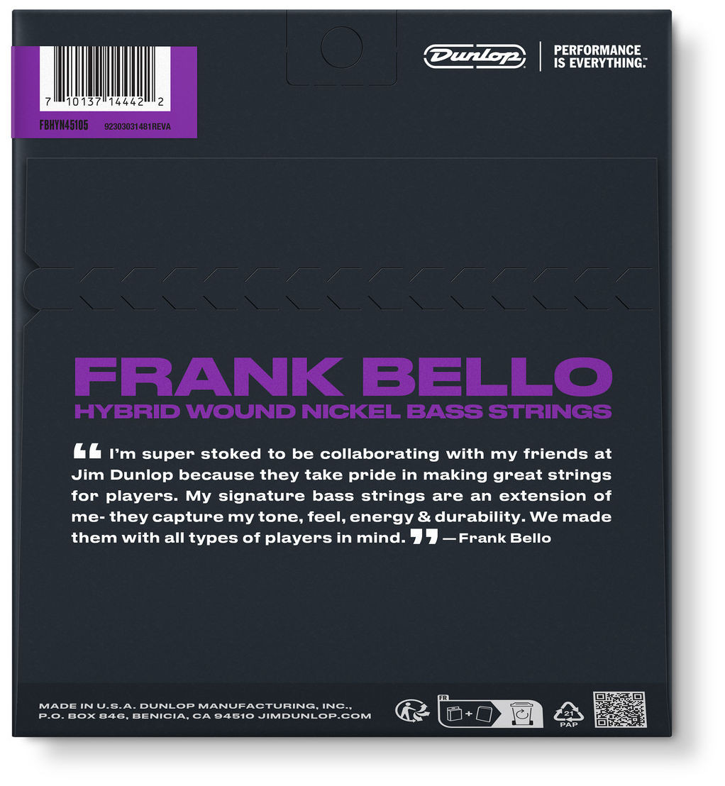 Galerijní obrázek č.1 Tvrdost .045 DUNLOP FBHYN45105 FRANK BELLO HYBRID WOUND NICKEL BASS STRINGS 45-105