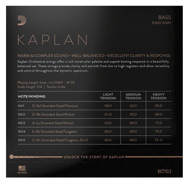 Galerijní obrázek č.1 Struny D´ADDARIO - BOWED K610 3/4H Kaplan Bass String Set - Heavy