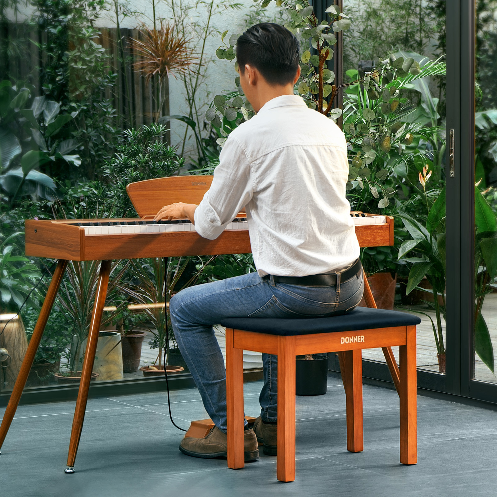 Galerijní obrázek č.6 Stoličky a sedáky DONNER Solid Hard Wooden Piano Bookcase Bench - Wood Color