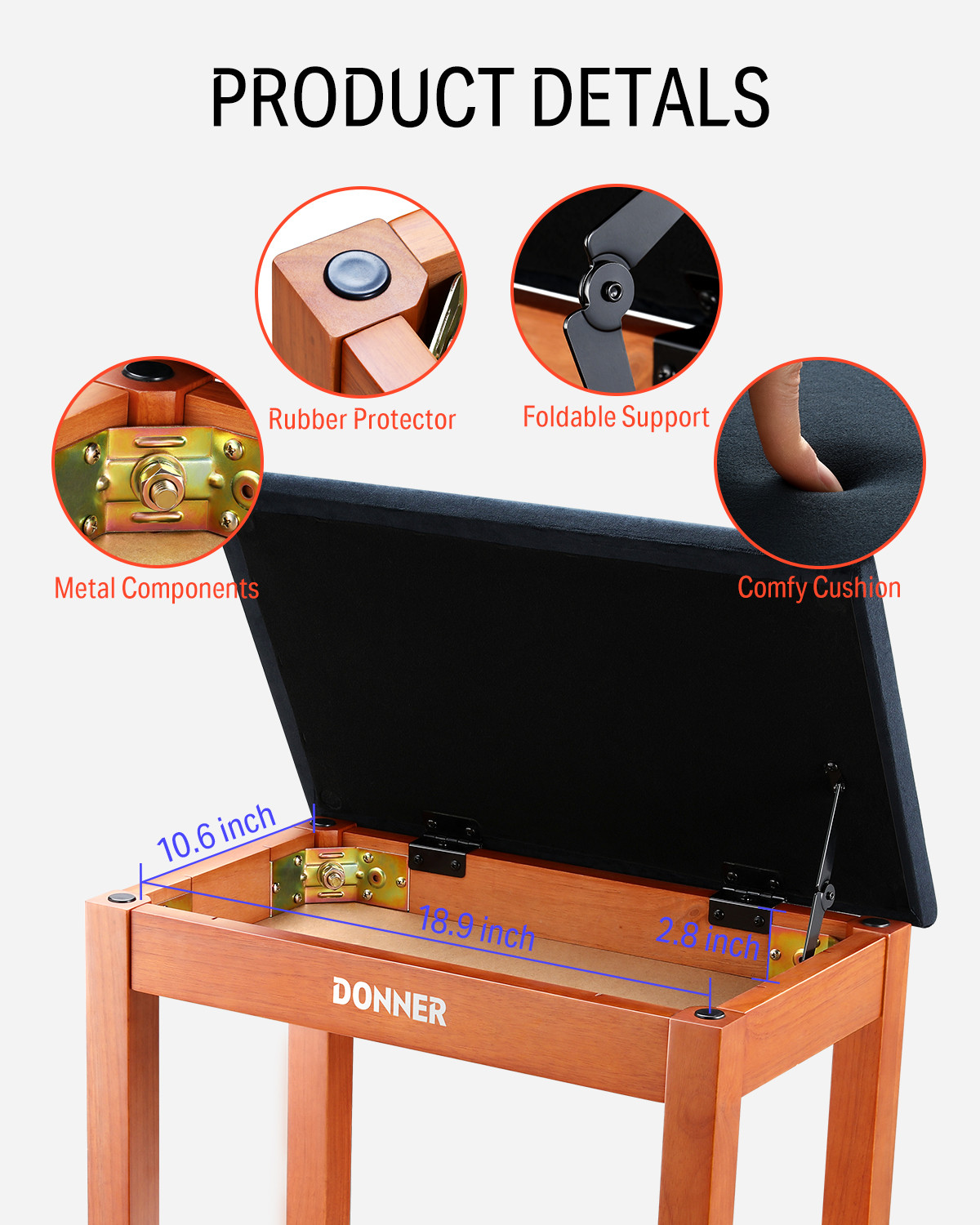 Galerijní obrázek č.3 Stoličky a sedáky DONNER Solid Hard Wooden Piano Bookcase Bench - Wood Color