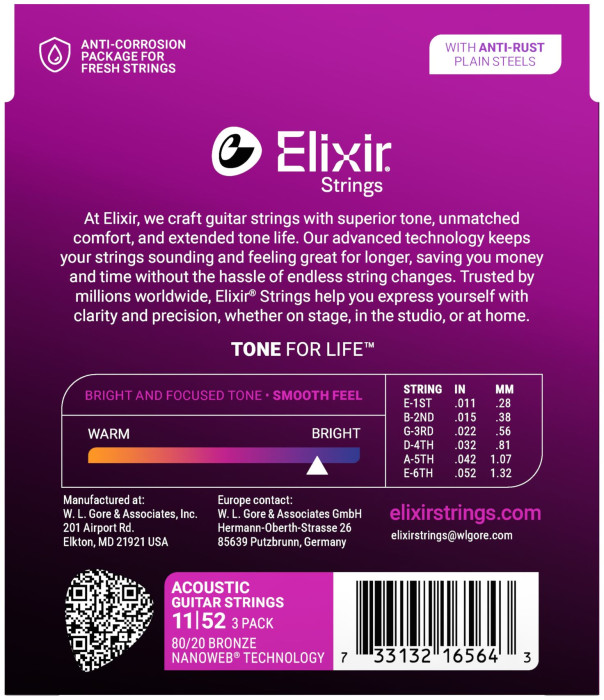 Hlavní obrázek Tvrdost .011 ELIXIR 16564 Nanoweb Bronze Custom Light (11-52) 3-pack